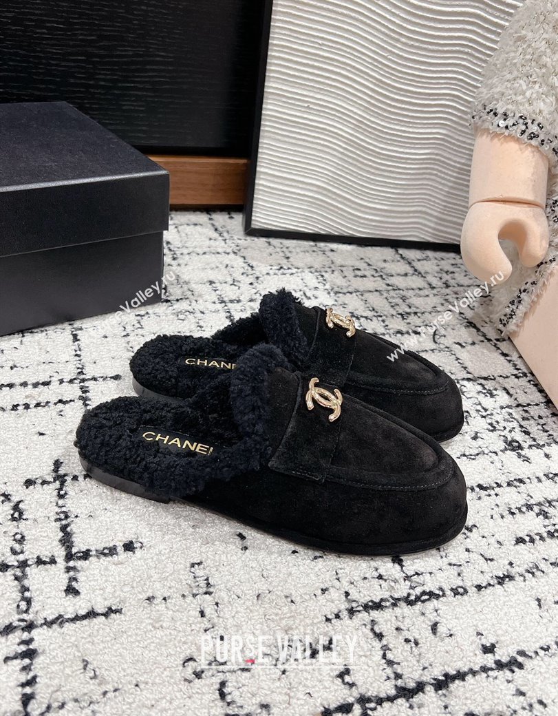 Chanel Suede Shearling Wool Flat Mules Black 2024 CH112116 (KL-241121100)