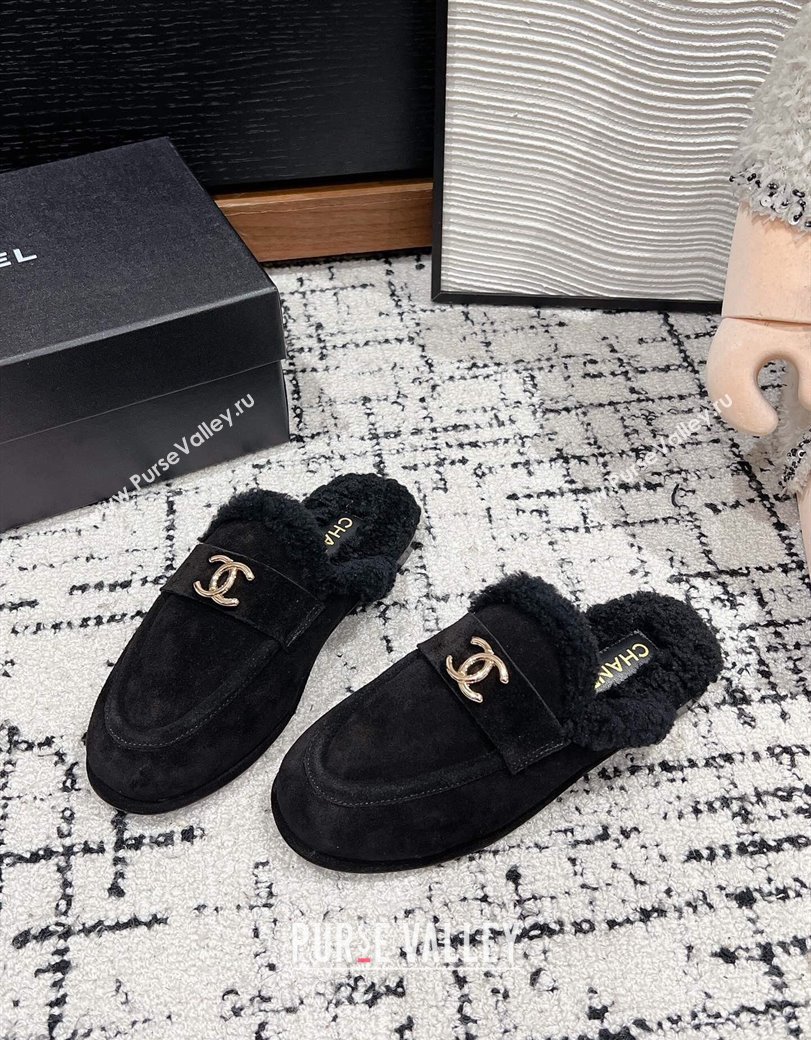 Chanel Suede Shearling Wool Flat Mules Black 2024 CH112116 (KL-241121100)