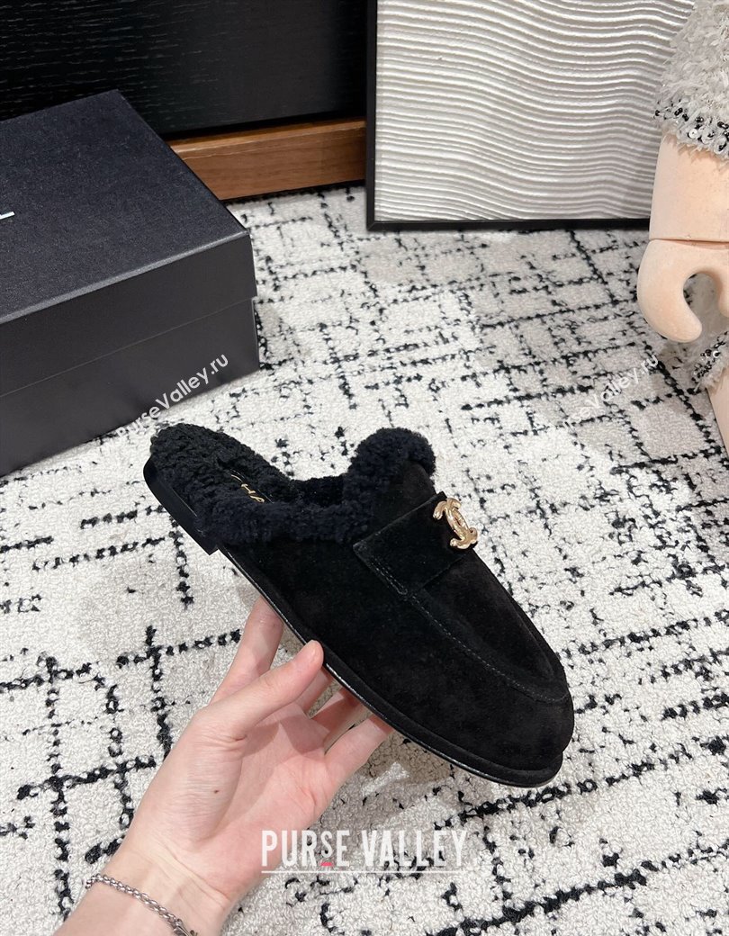 Chanel Suede Shearling Wool Flat Mules Black 2024 CH112116 (KL-241121100)