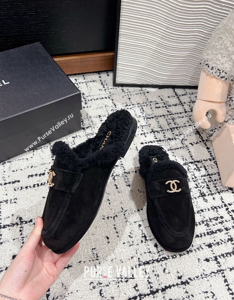 Chanel Suede Shearling Wool Flat Mules Black 2024 CH112116 (KL-241121100)