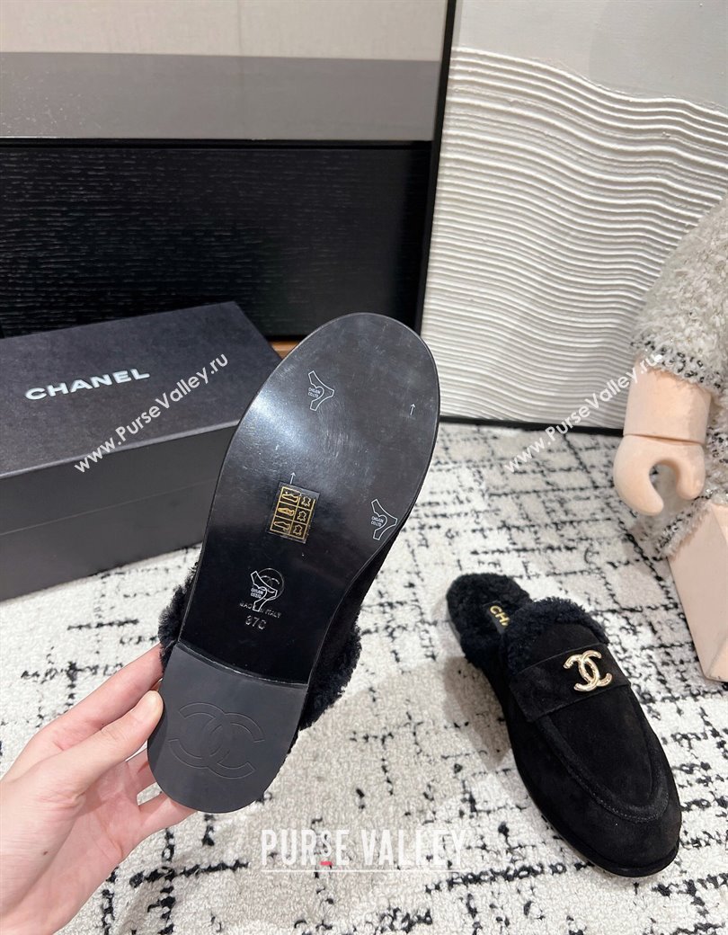 Chanel Suede Shearling Wool Flat Mules Black 2024 CH112116 (KL-241121100)