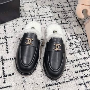 Chanel Calfskin Shearling Wool Flat Mules Black 2024 CH112116 (KL-241121101)