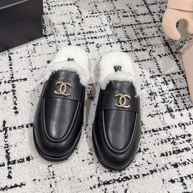 Chanel Calfskin Shearling Wool Flat Mules Black 2024 CH112116 (KL-241121101)