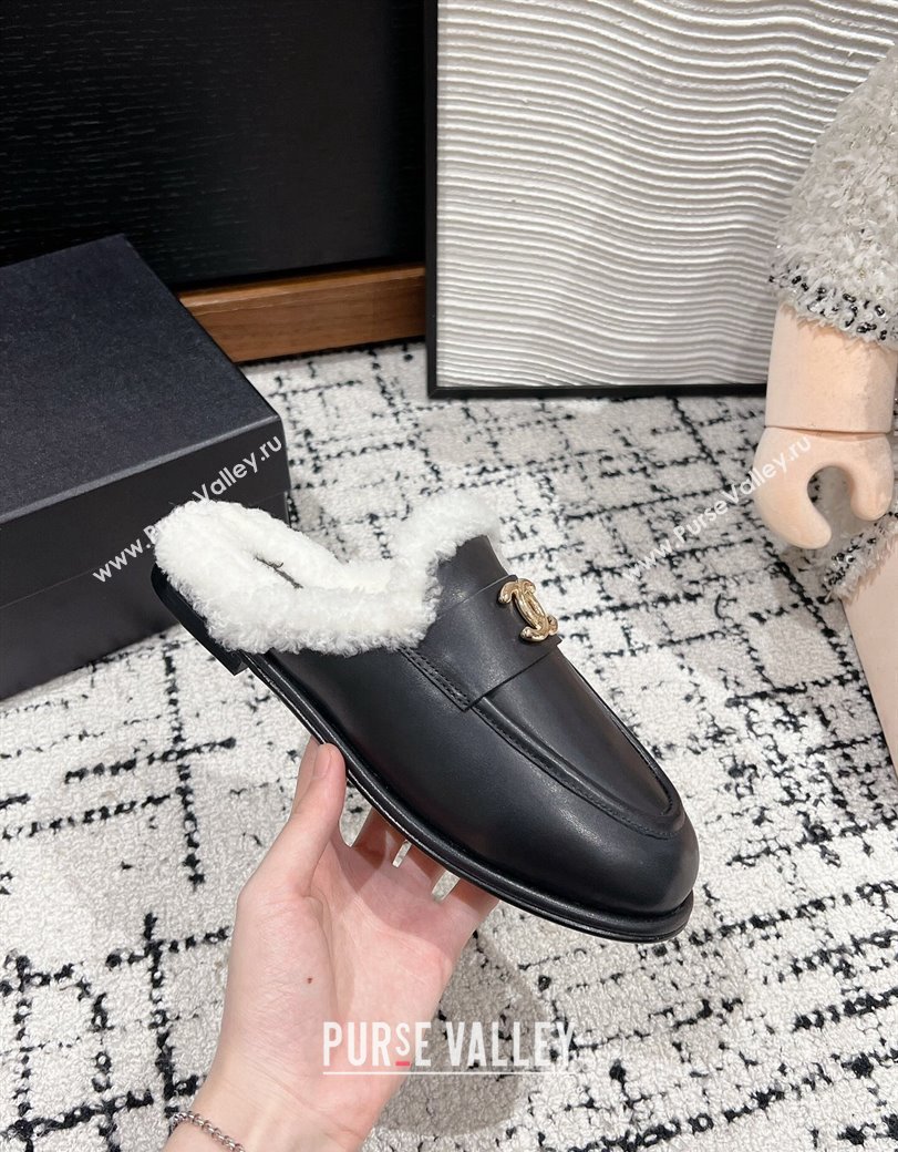 Chanel Calfskin Shearling Wool Flat Mules Black 2024 CH112116 (KL-241121101)