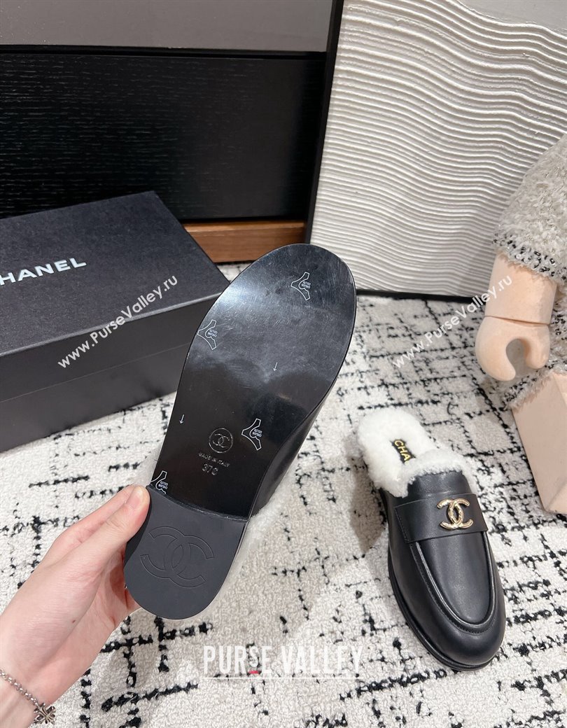 Chanel Calfskin Shearling Wool Flat Mules Black 2024 CH112116 (KL-241121101)