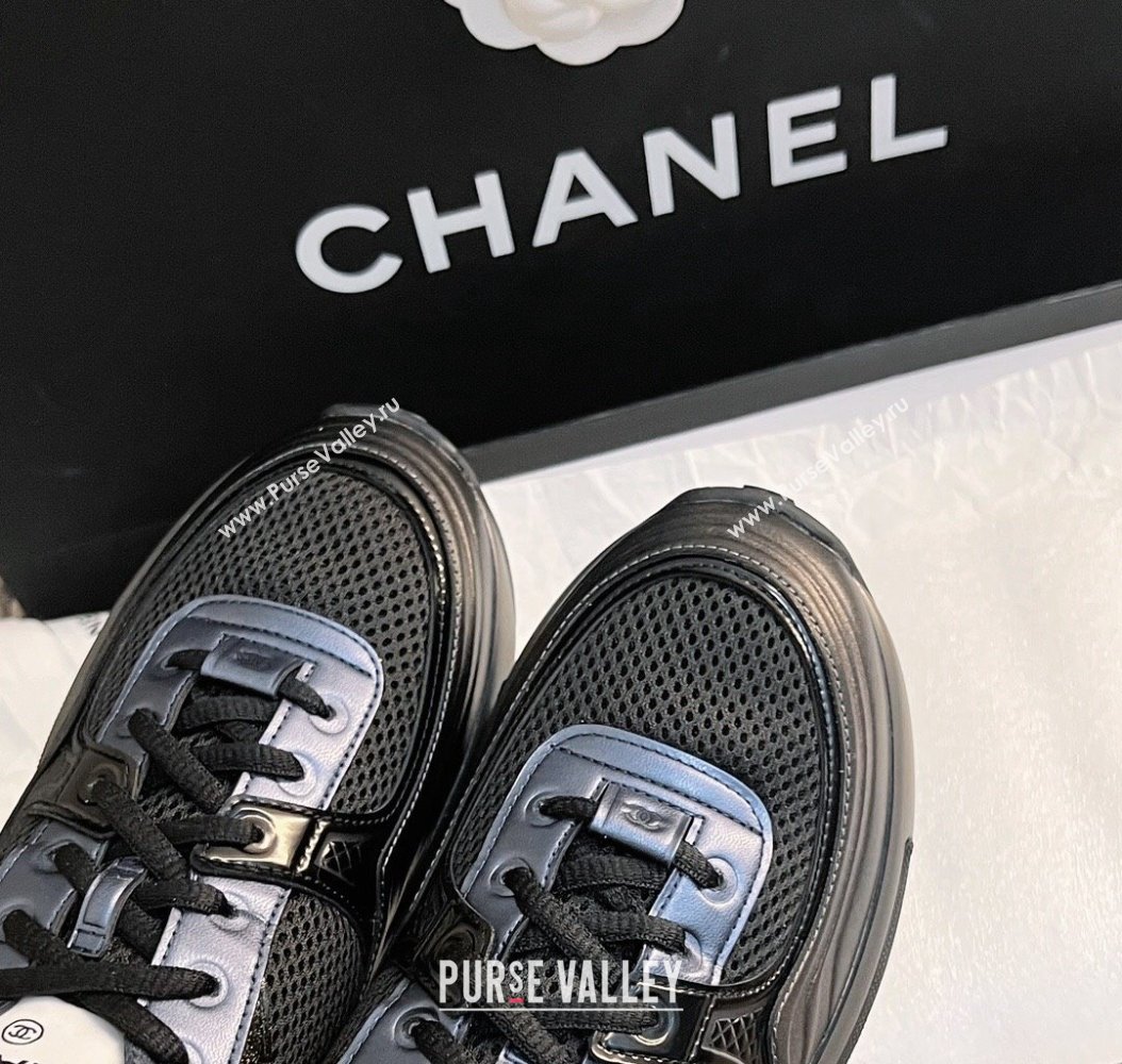 Chanel Mesh Calfskin Sneakers G39792 Black/Blue 2024 (KL-241120123)