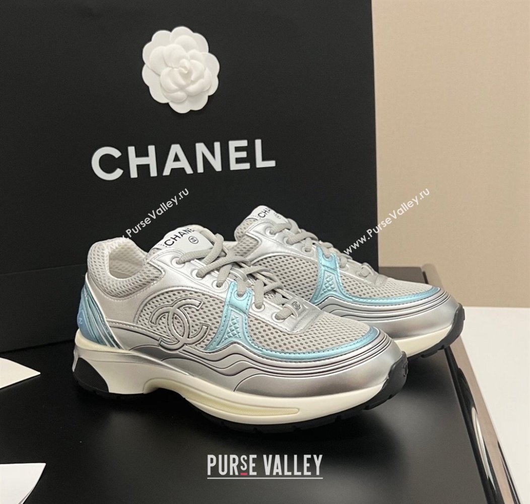 Chanel Mesh Calfskin Sneakers G39792 Silver/Blue 2024 (KL-241120126)