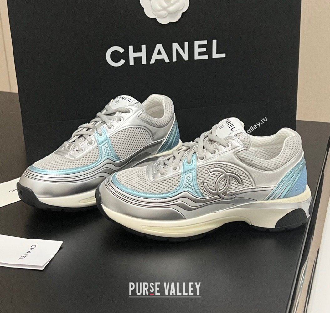 Chanel Mesh Calfskin Sneakers G39792 Silver/Blue 2024 (KL-241120126)