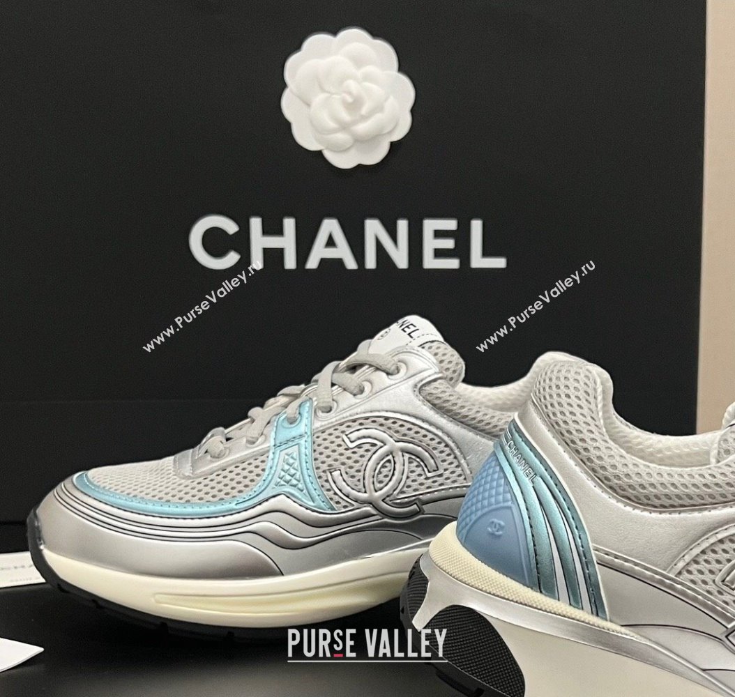 Chanel Mesh Calfskin Sneakers G39792 Silver/Blue 2024 (KL-241120126)