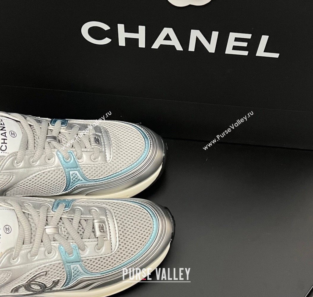 Chanel Mesh Calfskin Sneakers G39792 Silver/Blue 2024 (KL-241120126)