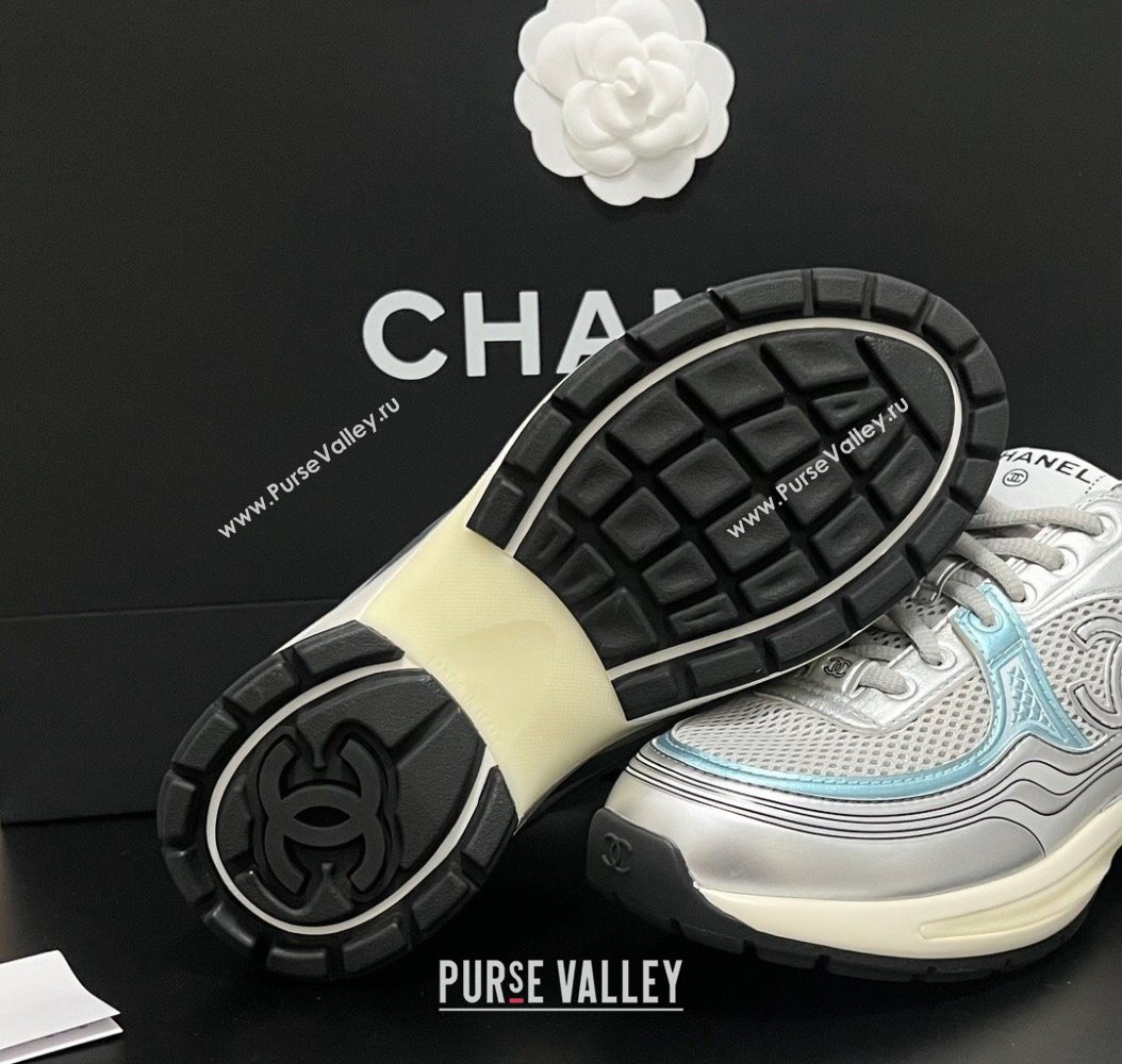 Chanel Mesh Calfskin Sneakers G39792 Silver/Blue 2024 (KL-241120126)