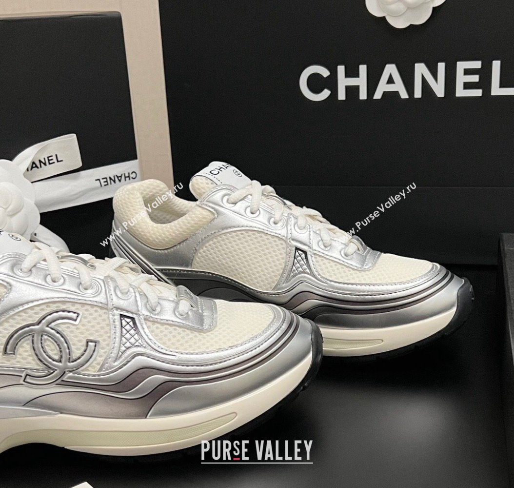 Chanel Mesh Calfskin Sneakers G39792 Silver/White 2024 (KL-241120127)