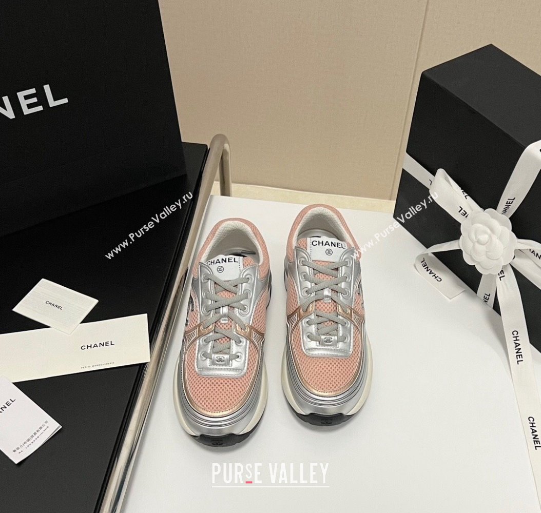 Chanel Mesh Calfskin Sneakers G39792 Silver/Pink 2024 (KL-241120130)