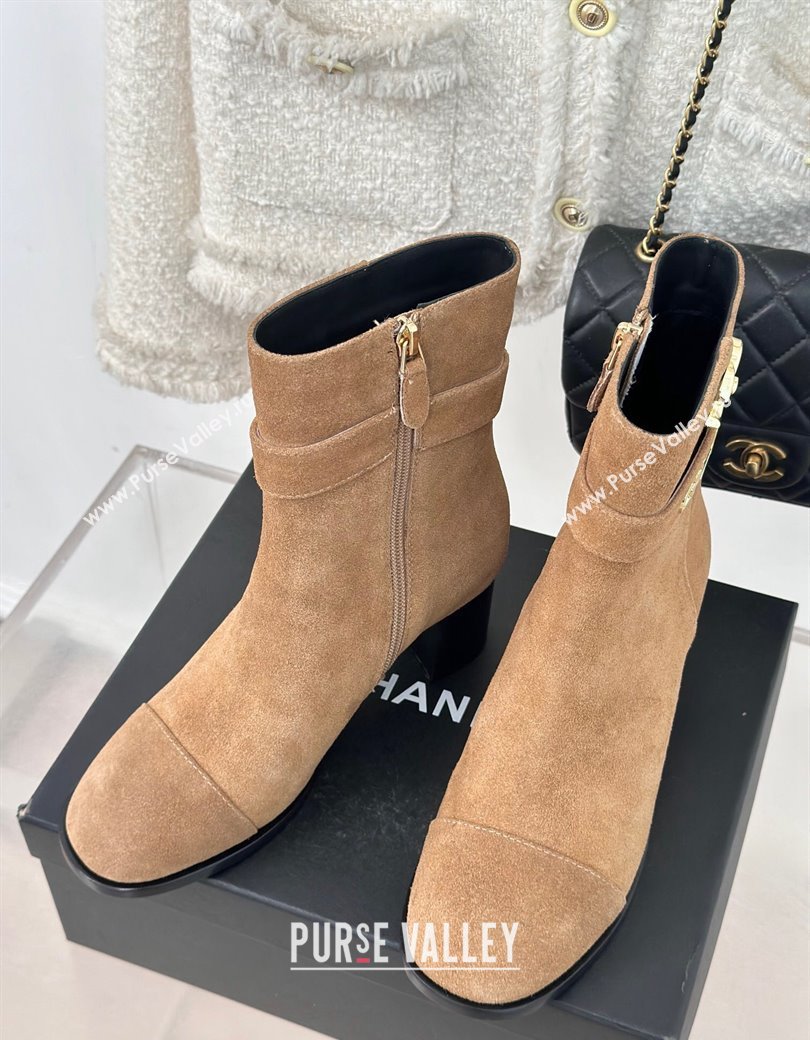 Chanel Suede Ankle Boots 8cm with CHANEL Strap Dark Beige 2024 CH112114 (MD-241121092)