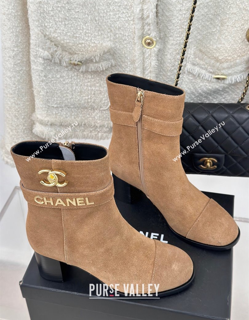 Chanel Suede Ankle Boots 8cm with CHANEL Strap Dark Beige 2024 CH112114 (MD-241121092)