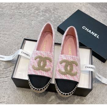 Chanel Tweed Espadrilles Flat with Gold-Tone CC Light Pink 2024 CH112118 (KL-241121109)