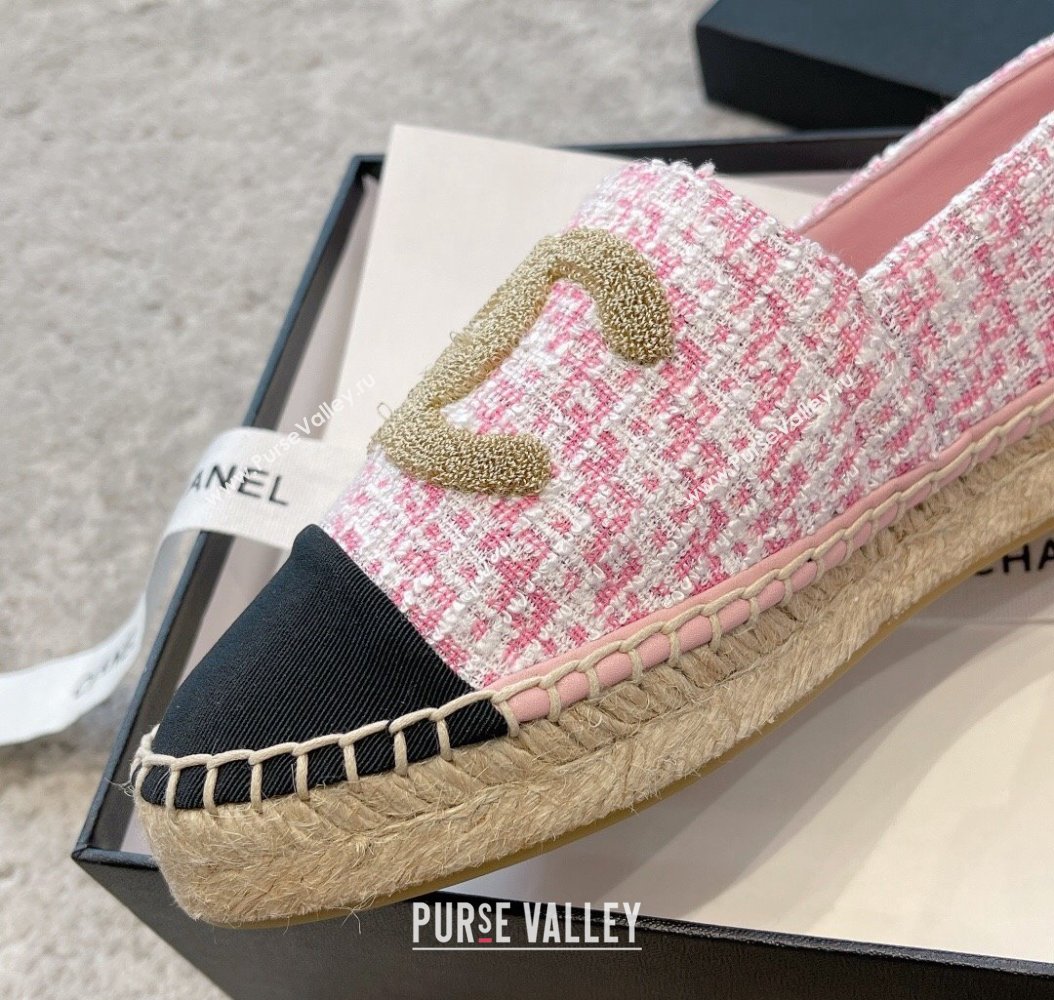 Chanel Tweed Espadrilles Flat with Gold-Tone CC Light Pink 2024 CH112118 (KL-241121109)