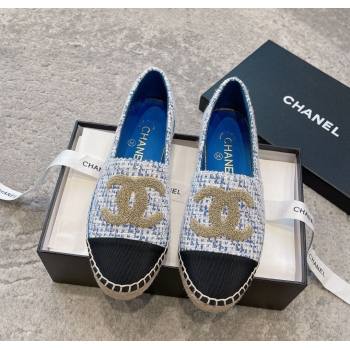 Chanel Tweed Espadrilles Flat with Gold-Tone CC Sky Blue 2024 CH112118 (KL-241121110)