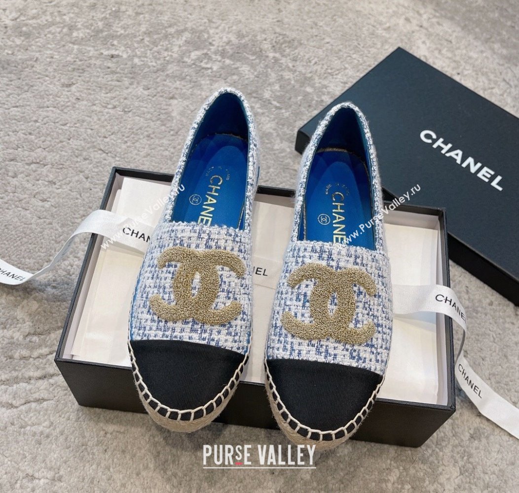 Chanel Tweed Espadrilles Flat with Gold-Tone CC Sky Blue 2024 CH112118 (KL-241121110)