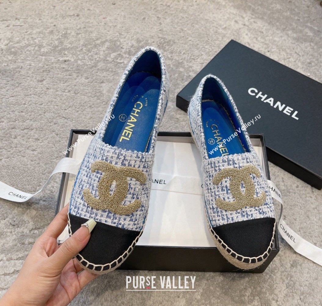 Chanel Tweed Espadrilles Flat with Gold-Tone CC Sky Blue 2024 CH112118 (KL-241121110)