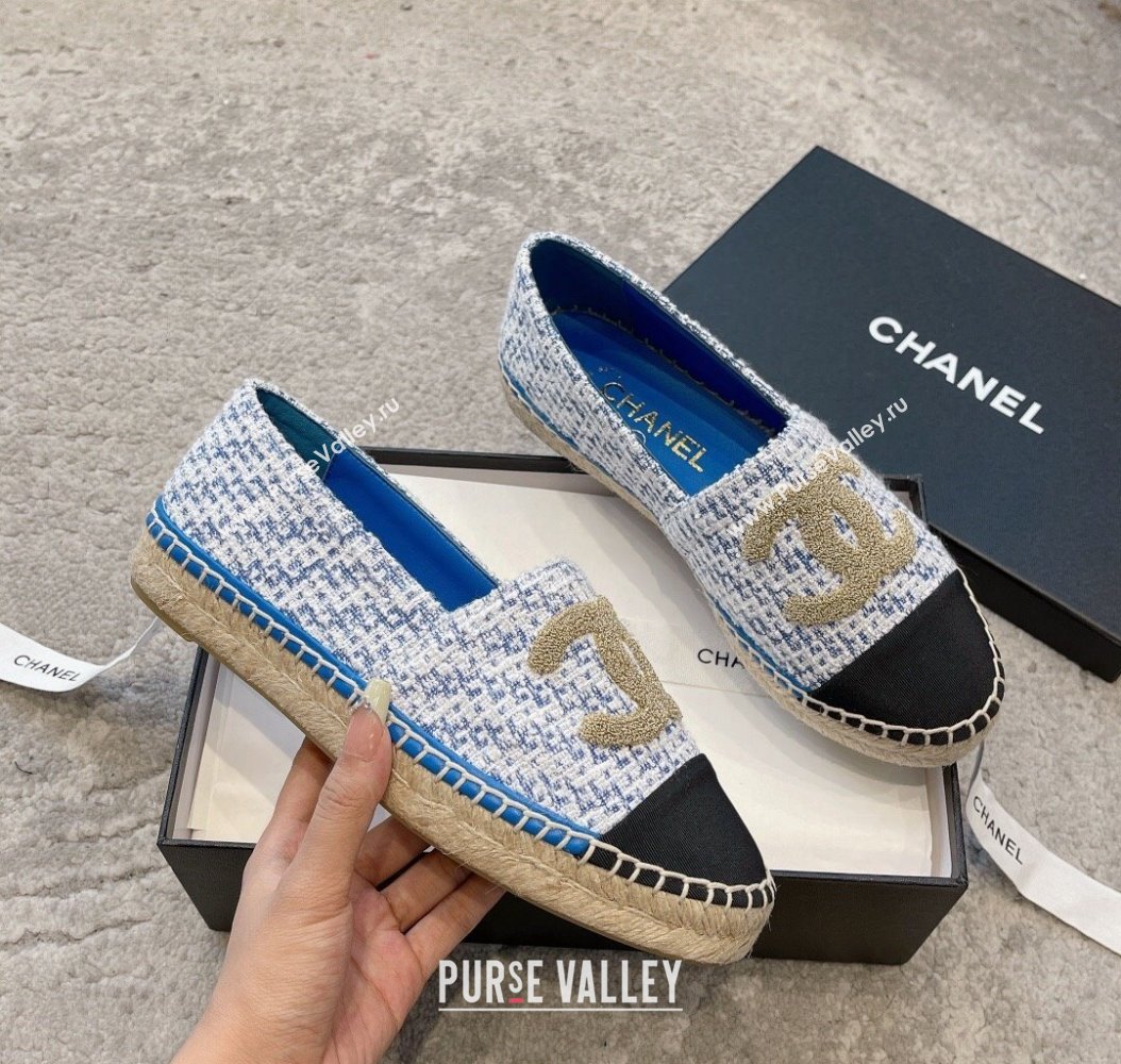 Chanel Tweed Espadrilles Flat with Gold-Tone CC Sky Blue 2024 CH112118 (KL-241121110)