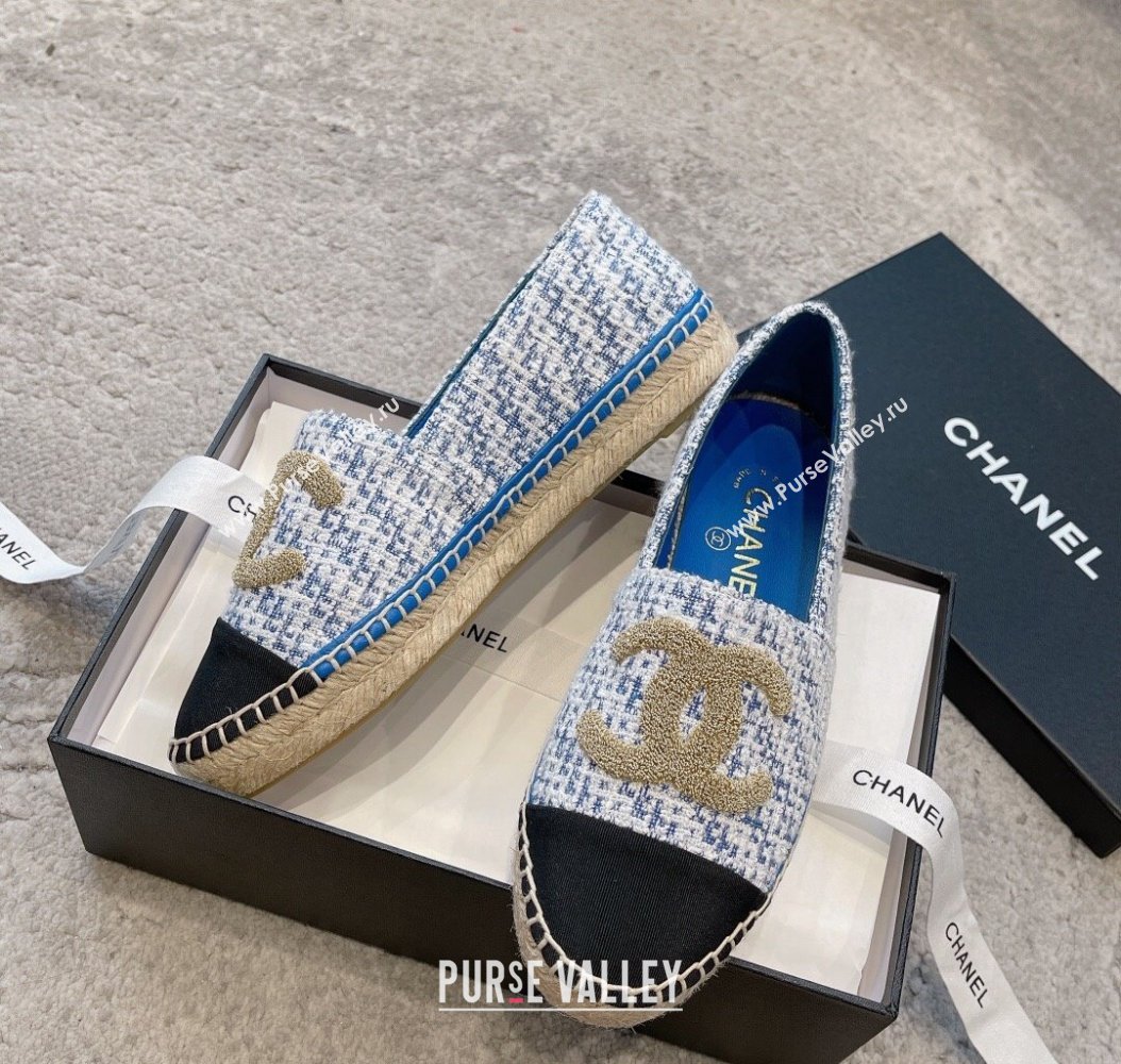 Chanel Tweed Espadrilles Flat with Gold-Tone CC Sky Blue 2024 CH112118 (KL-241121110)