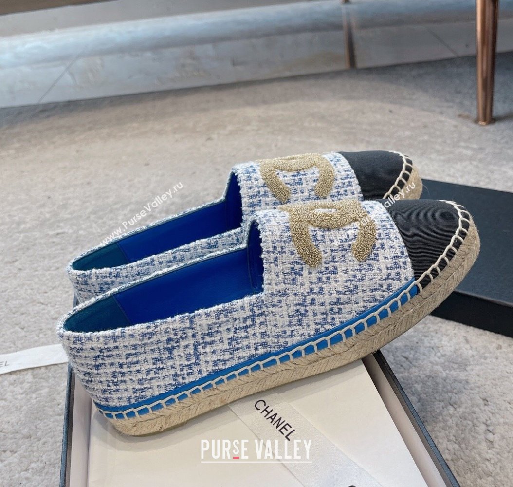 Chanel Tweed Espadrilles Flat with Gold-Tone CC Sky Blue 2024 CH112118 (KL-241121110)