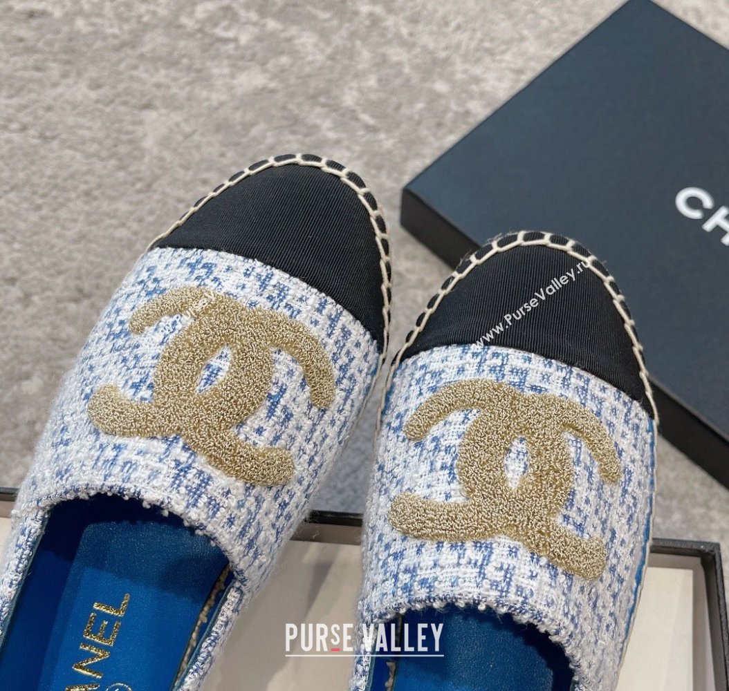 Chanel Tweed Espadrilles Flat with Gold-Tone CC Sky Blue 2024 CH112118 (KL-241121110)