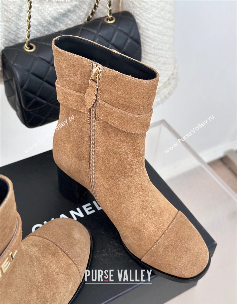 Chanel Suede Ankle Boots 8cm with CHANEL Strap Dark Beige 2024 CH112114 (MD-241121092)