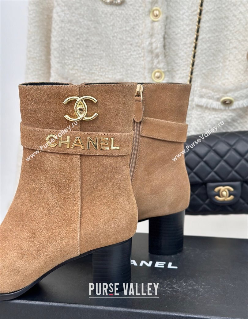 Chanel Suede Ankle Boots 8cm with CHANEL Strap Dark Beige 2024 CH112114 (MD-241121092)