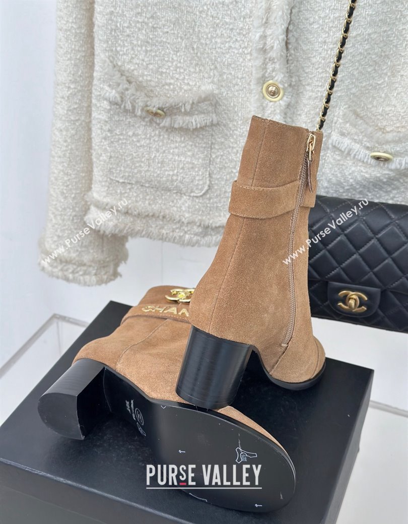 Chanel Suede Ankle Boots 8cm with CHANEL Strap Dark Beige 2024 CH112114 (MD-241121092)