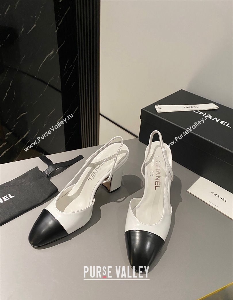 Chanel Calfskin Slingback Pumps 9cm G45509 White/Black 2024 1121 (MD-241121113)