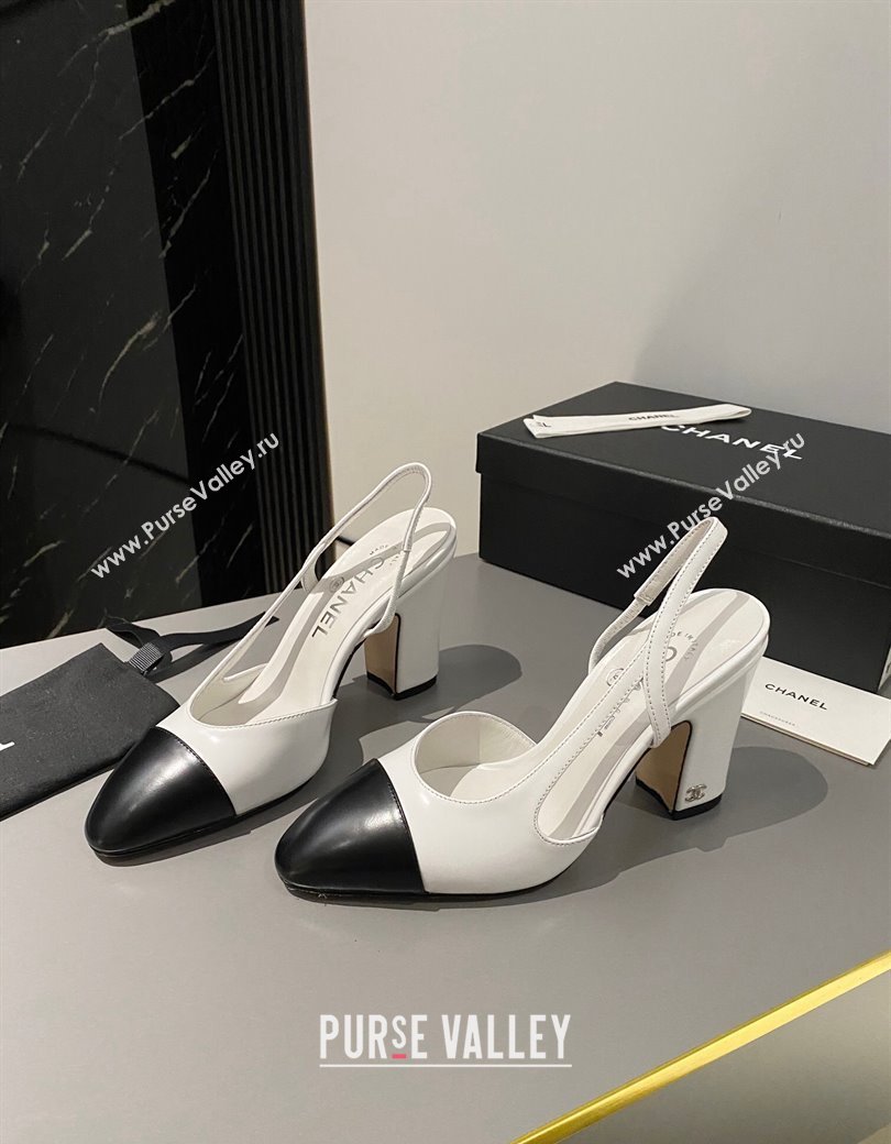 Chanel Calfskin Slingback Pumps 9cm G45509 White/Black 2024 1121 (MD-241121113)