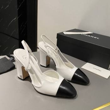 Chanel Calfskin Slingback Pumps 9cm G45509 White/Black 2024 1121 (MD-241121113)