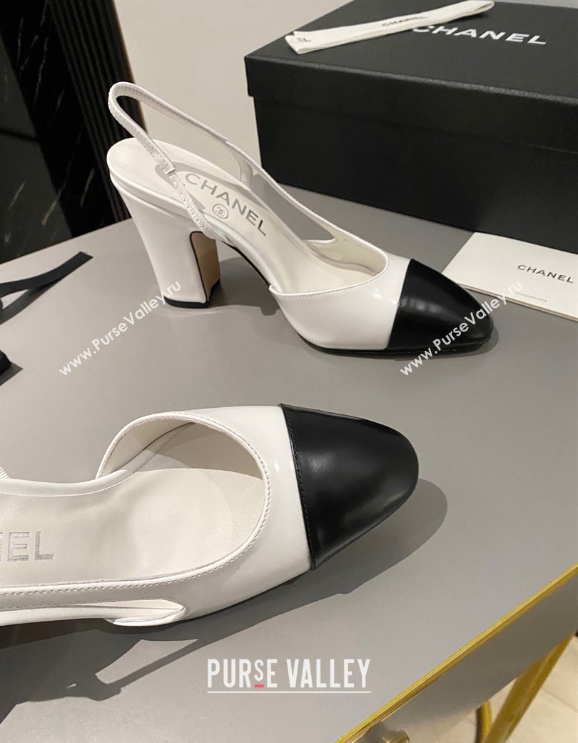 Chanel Calfskin Slingback Pumps 9cm G45509 White/Black 2024 1121 (MD-241121113)