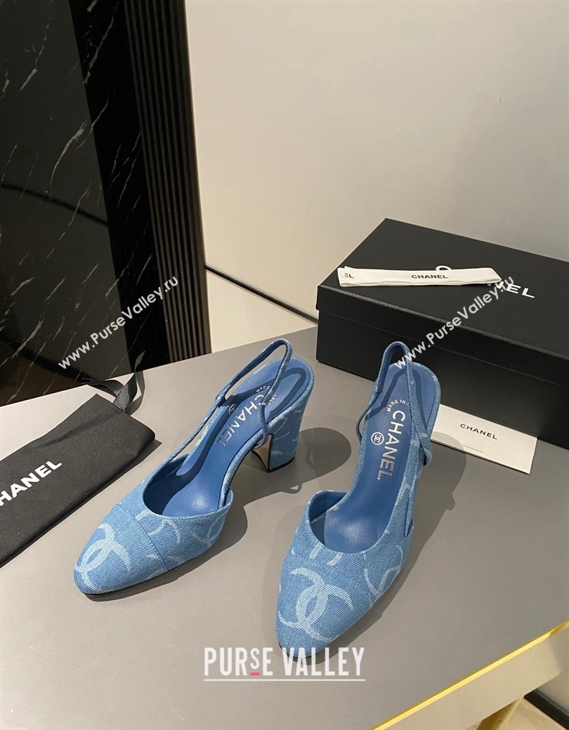 Chanel Printed Denim Slingback Pumps 9cm G45509 Blue 2024 1121 (MD-241121119)