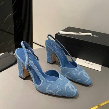 Chanel Printed Denim Slingback Pumps 9cm G45509 Blue 2024 1121 (MD-241121119)