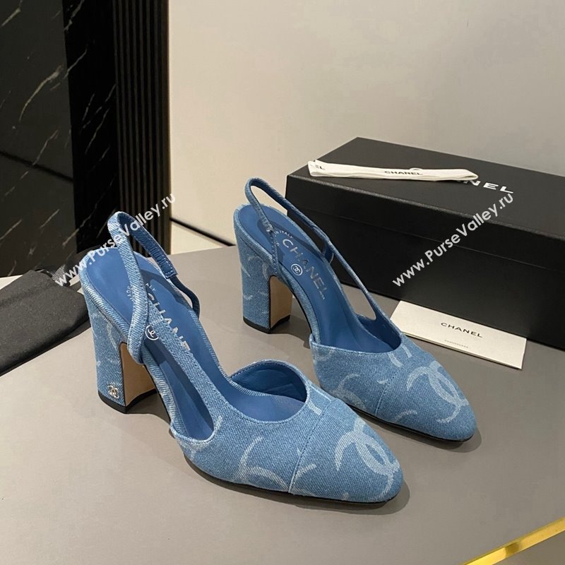 Chanel Printed Denim Slingback Pumps 9cm G45509 Blue 2024 1121 (MD-241121119)