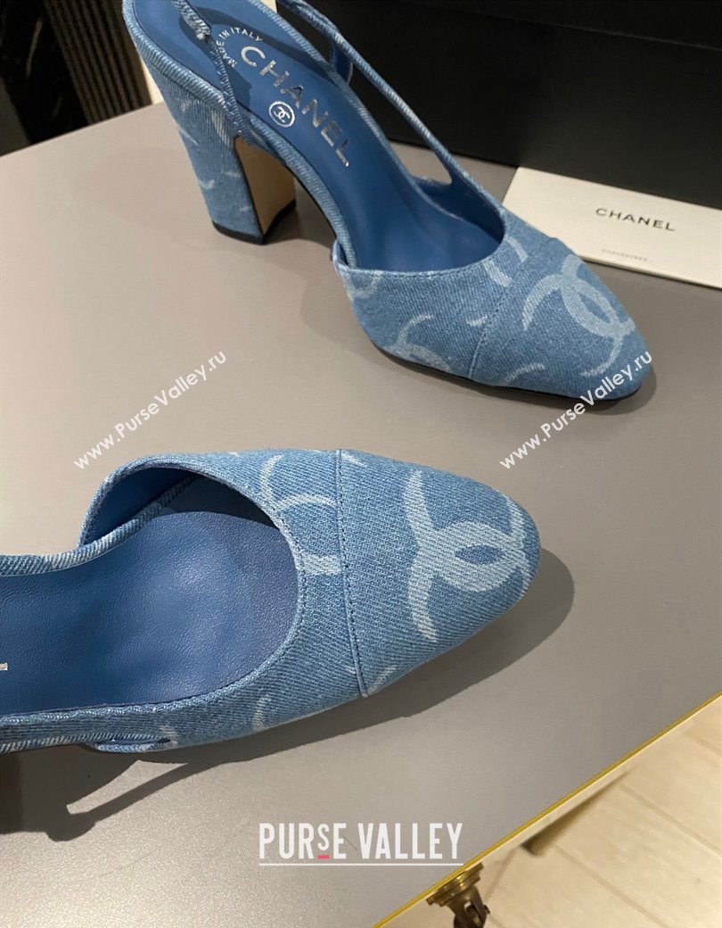 Chanel Printed Denim Slingback Pumps 9cm G45509 Blue 2024 1121 (MD-241121119)