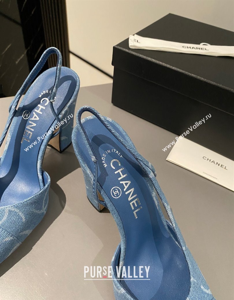 Chanel Printed Denim Slingback Pumps 9cm G45509 Blue 2024 1121 (MD-241121119)