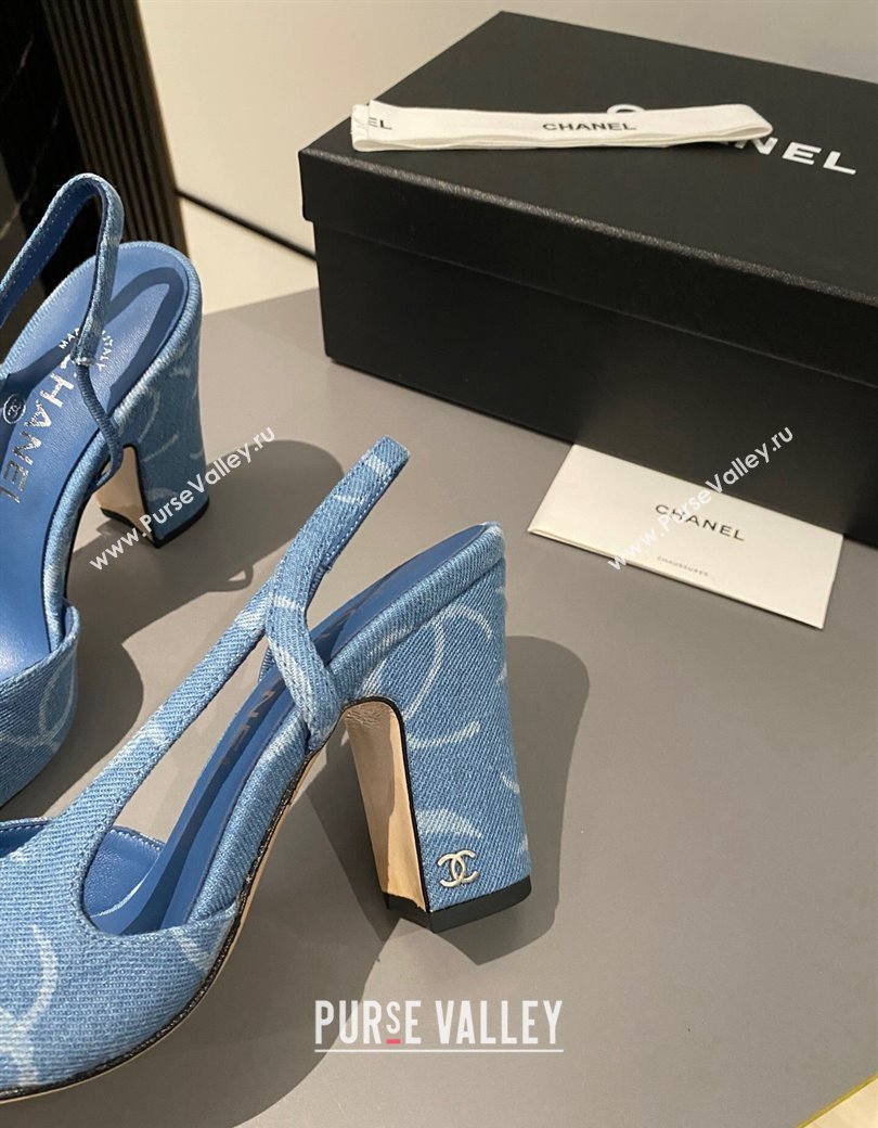 Chanel Printed Denim Slingback Pumps 9cm G45509 Blue 2024 1121 (MD-241121119)