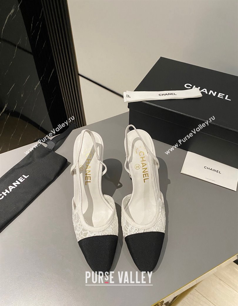 Chanel Lace Slingback Pumps 9cm G45509 White 2024 1121 (MD-241121123)