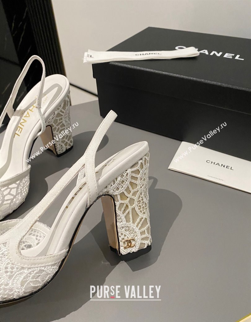 Chanel Lace Slingback Pumps 9cm G45509 White 2024 1121 (MD-241121123)