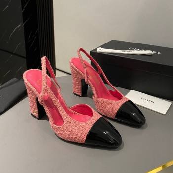 Chanel Tweed Patent Leather Slingback Pumps 9cm G45509 Pink 2024 1121 (MD-241121126)