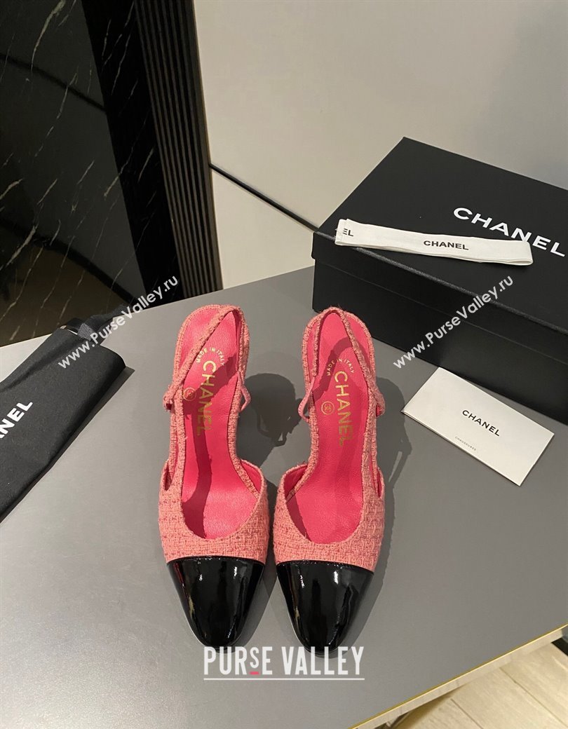 Chanel Tweed Patent Leather Slingback Pumps 9cm G45509 Pink 2024 1121 (MD-241121126)