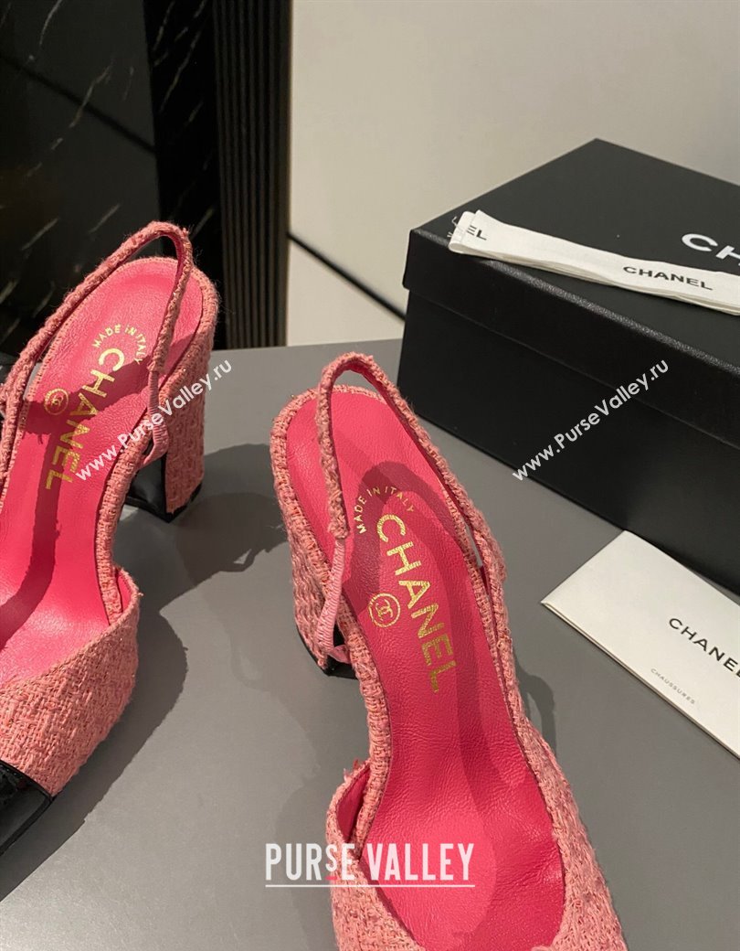 Chanel Tweed Patent Leather Slingback Pumps 9cm G45509 Pink 2024 1121 (MD-241121126)