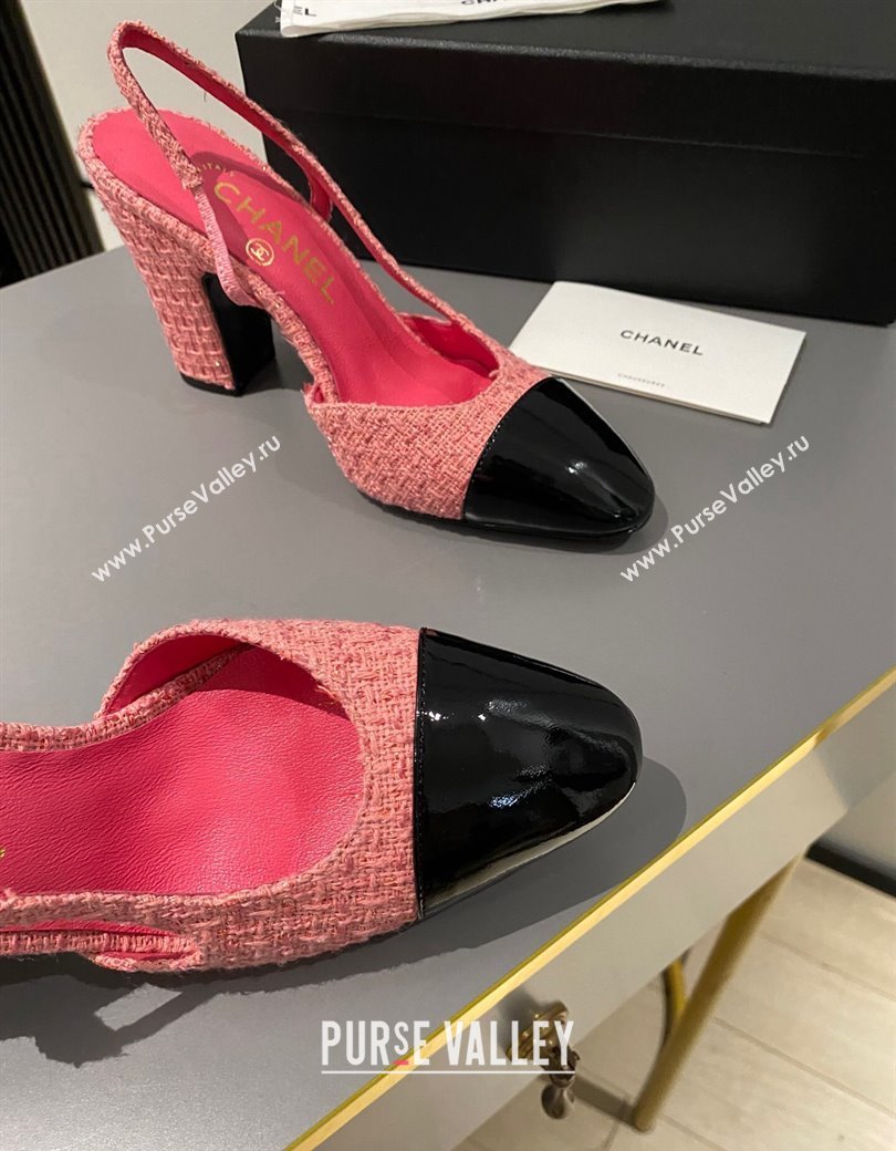 Chanel Tweed Patent Leather Slingback Pumps 9cm G45509 Pink 2024 1121 (MD-241121126)