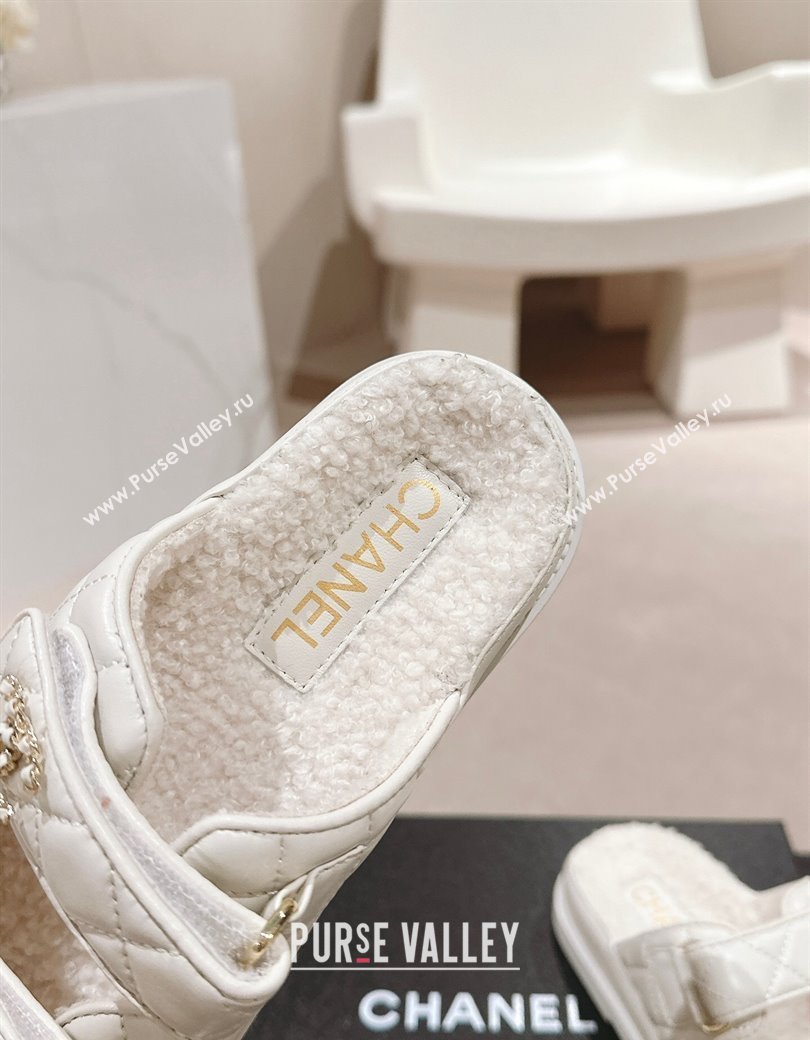 Chanel Quilted Calfskin Shearling Wool Flat Slides Sandal with Chain CC White 2024 (KL-241121144)