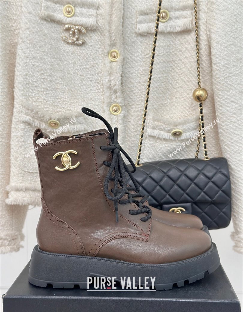 Chanel Lambskin Laced-up Ankle Boots Coffee Brown 2024 CH112115 (MD-241121095)