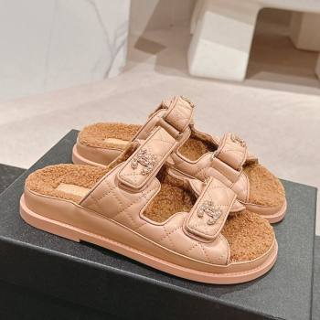 Chanel Quilted Calfskin Shearling Wool Flat Slides Sandal with Chain CC Rose Beige 2024 (KL-241121146)